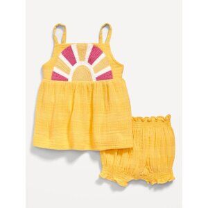 Old Navy 2 Piece Baby Top + Shorts Set Yellow Sun Sleeveless Smock 6-12 months